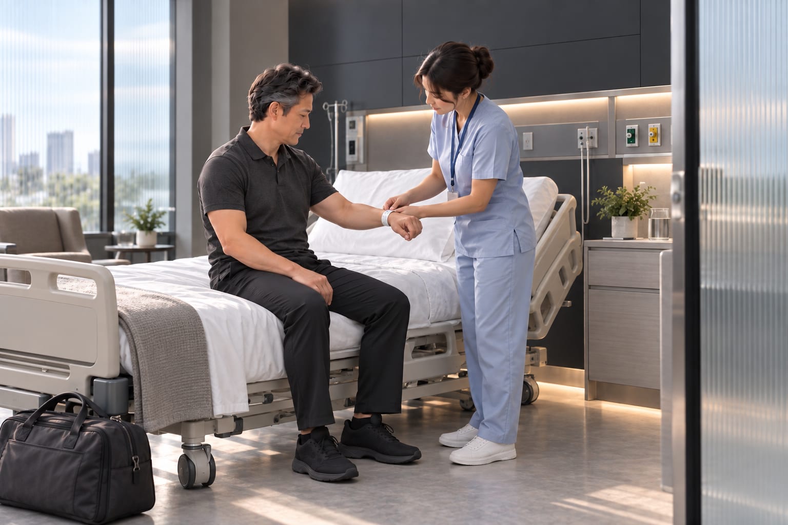 An alternative inpatient pathway for the same patient: a nurse fits his wristband beside an allocated hospital bed during admission.