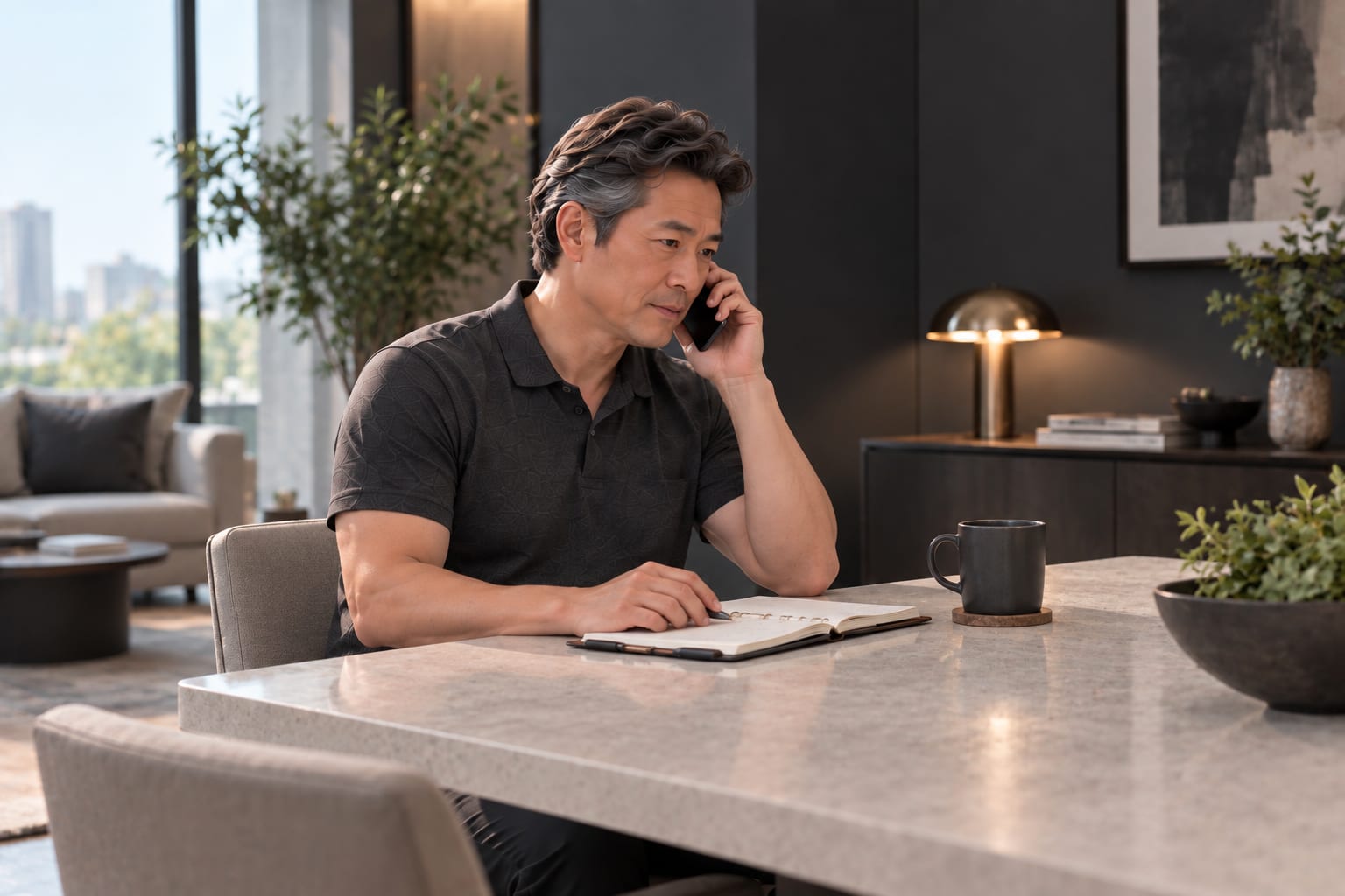 The illustrative patient, at home, confirms his follow-up by phone with a notebook open on the table.