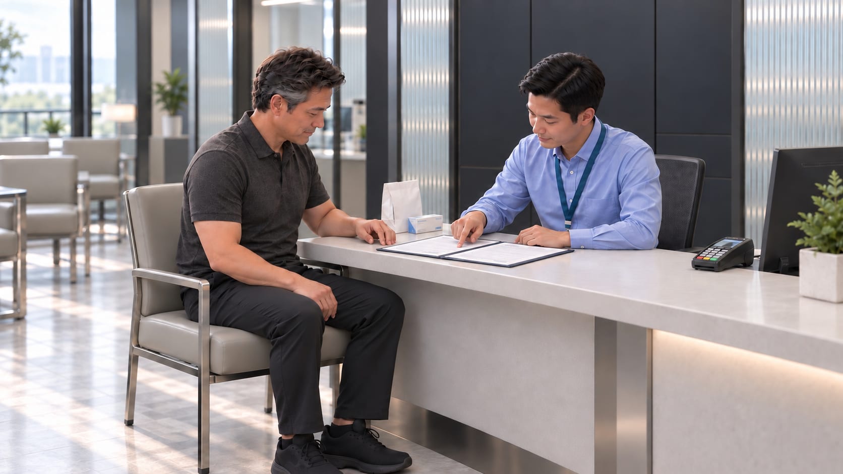 The same patient sits with a coordinator to review account and discharge paperwork, with take-home medicines on the desk.