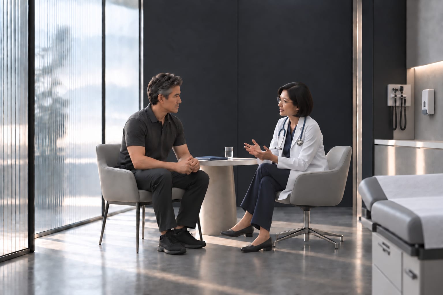 The same illustrative patient and a doctor discuss care in a graphite consultation room.