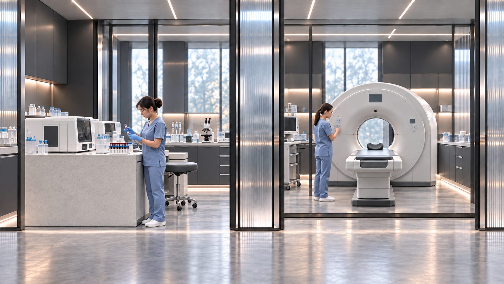 A laboratory professional works beside an analyser on the left; a radiographer prepares a CT scanner in the adjoining room on the right. Both departments are shown without patients.
