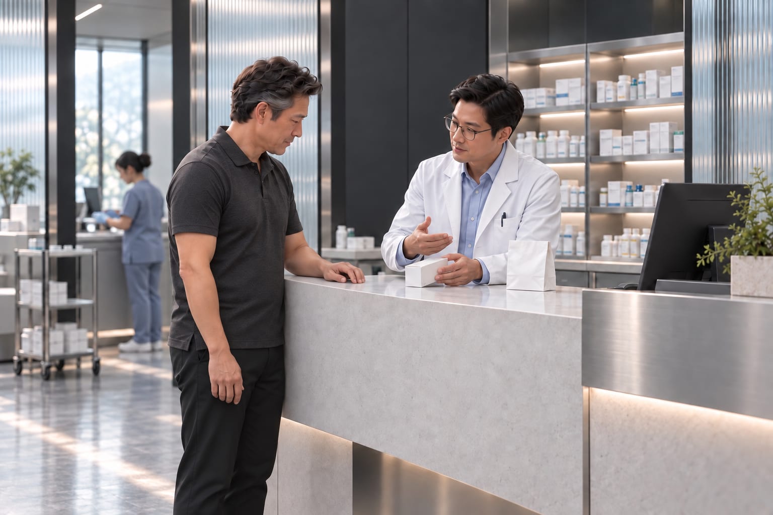 The patient, in his day clothes, receives guidance about take-home medicines at the pharmacy counter.
