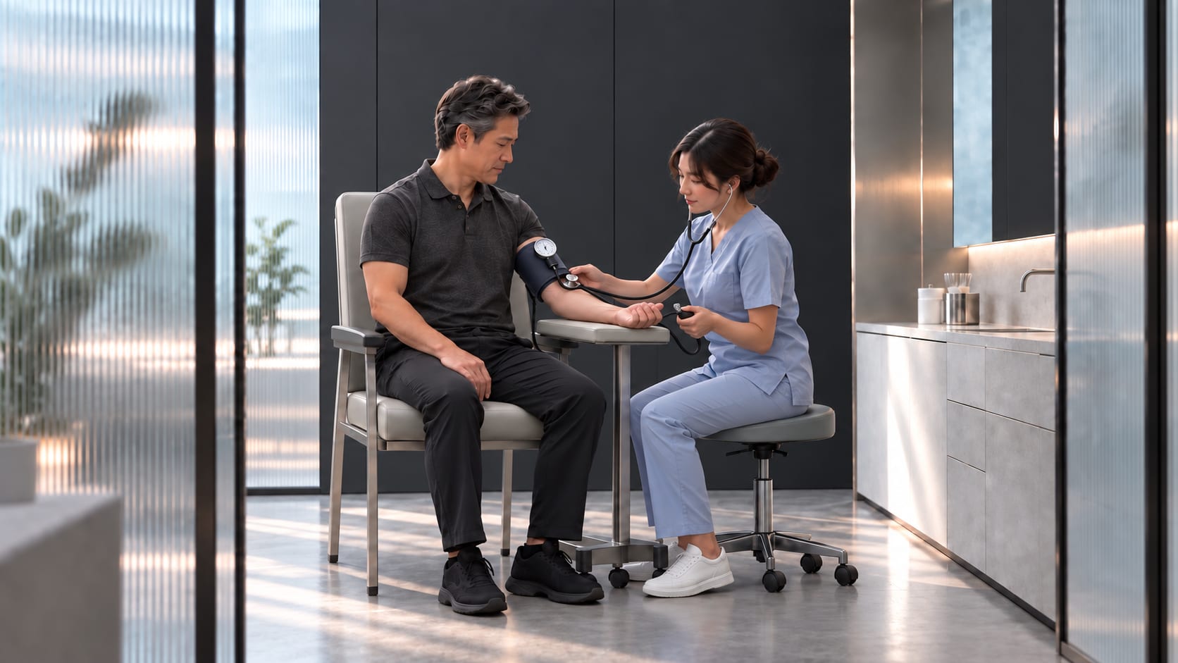 A nurse measures the illustrative patient’s blood pressure in a graphite treatment room.