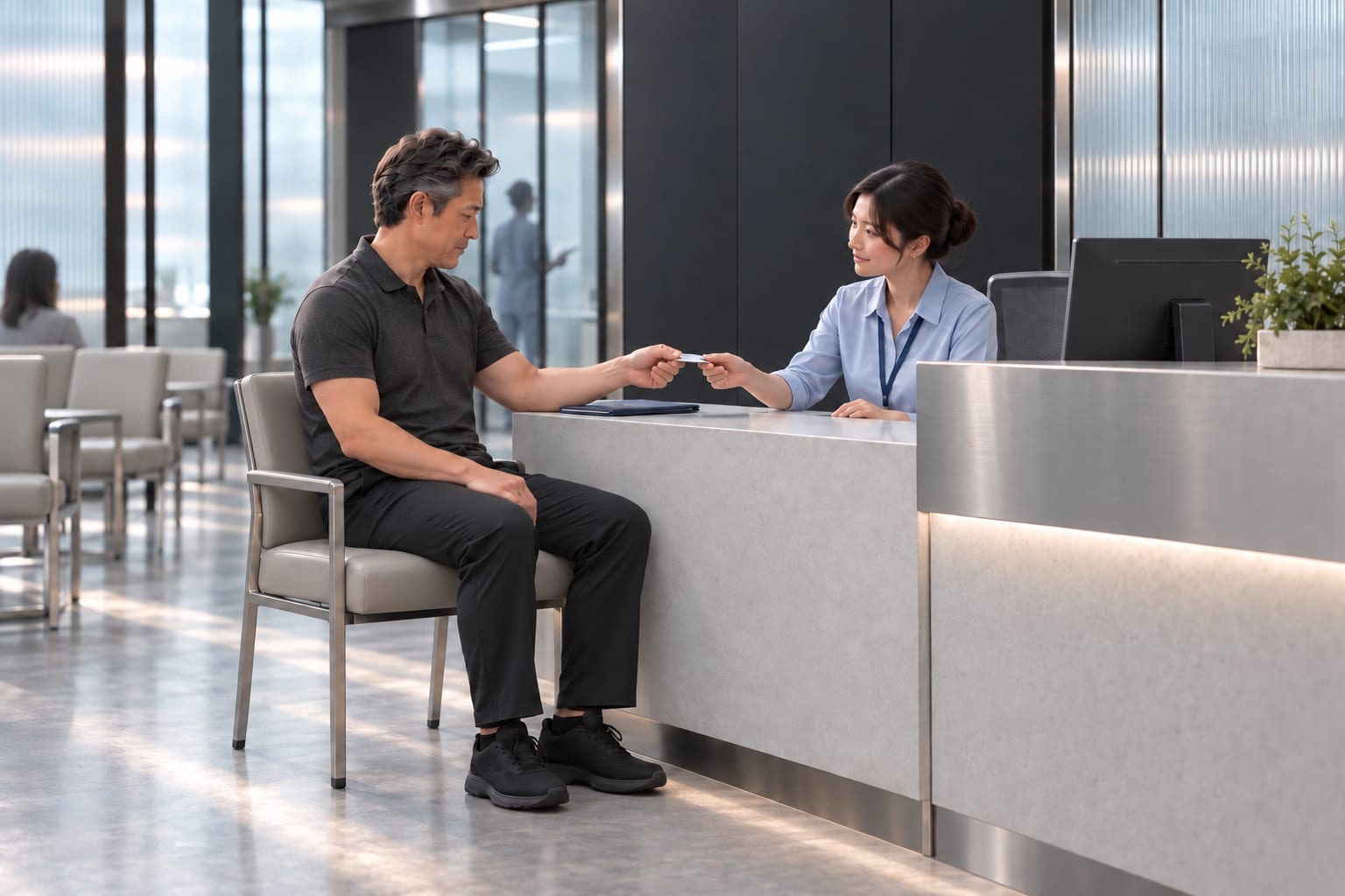 An illustrative patient presents identification to a registration coordinator at a graphite reception desk.