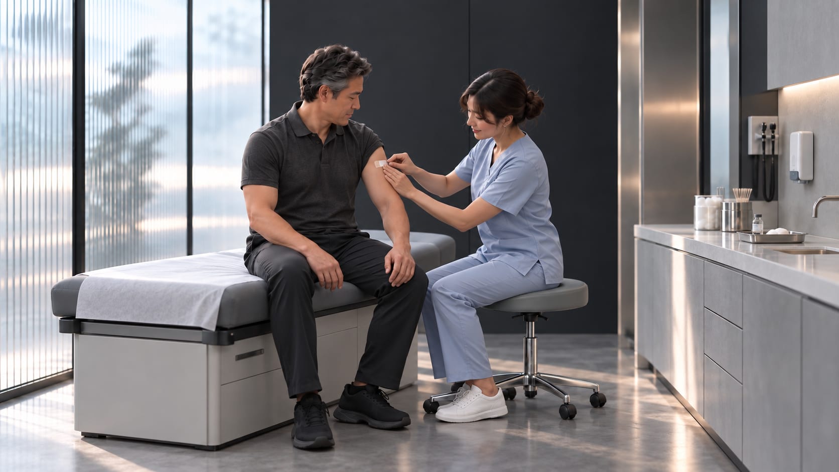 A nurse applies a small dressing to the patient’s arm while he sits on an outpatient treatment couch in his day clothes.